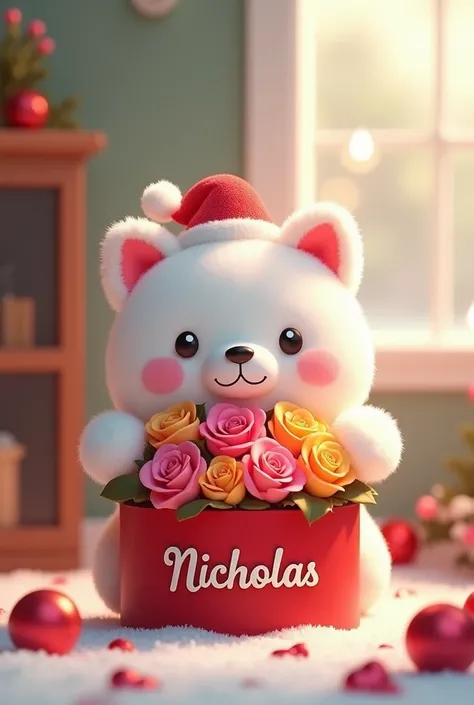 A Pochacco with a Christmas hat and with a box of roses with the name on it "Nicholas"