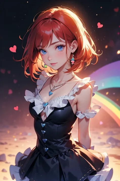 Redhead, blue eyes, medium hair, necklace, magical girl, rainbow, hearts, happy,arms behind back,