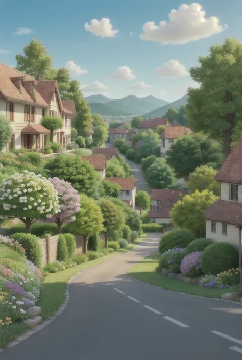 Landscape with a side road in 2d with flowers and happiness and some buildings