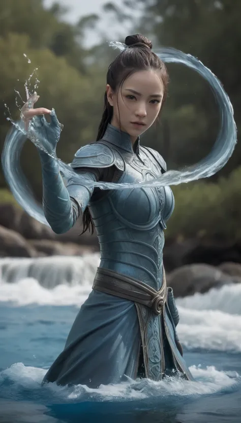 waterbending at its finest, award winning photo, half body, beautiful,full covered body armored ,photorealism, flattering light, Ultra wide photo 