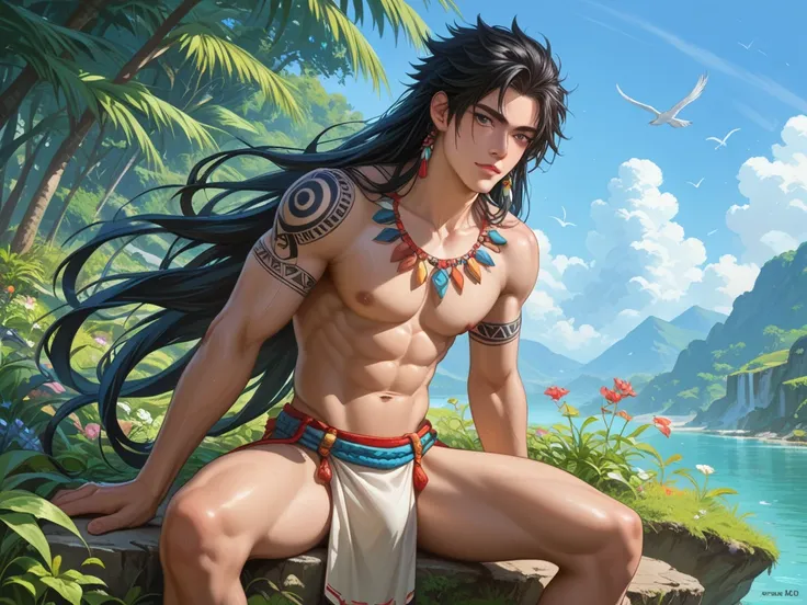 A young Asian man shaman, very long hair, black haired, grey eyes, with a loincloth, with colorful feathers and precious stones in his native shamanic hairstyle, with tattoos, avec des formes de gouttes deau sur son front, abs, pale skin, river landscape