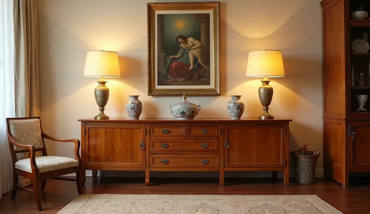  A wooden sideboard or buffet with drawers and cabinets, decorated with lamps displaying various decorative items the style of the Vienna Secession and a framed artwork on the wall above it. The room has a warm, neutral color palette with wooden furniture ...