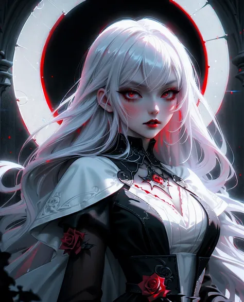 red blood dripping,,anime Vampire Princess, long white hair, gothic style, roses in hair, dark black eyelashes, white glow irises, light blue dress, digital illustration, comic style, gothic renaissance, perfect anatomy, centered, approaching perfection, d...