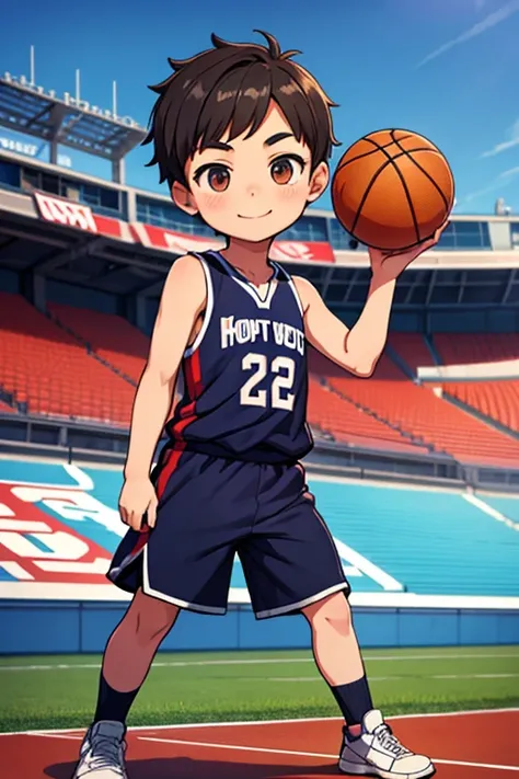 Small shota boy, cute face, short hairstyle, detailed body, clothes, basketball player, smile, modern art, stadium background, best quality, high definition 