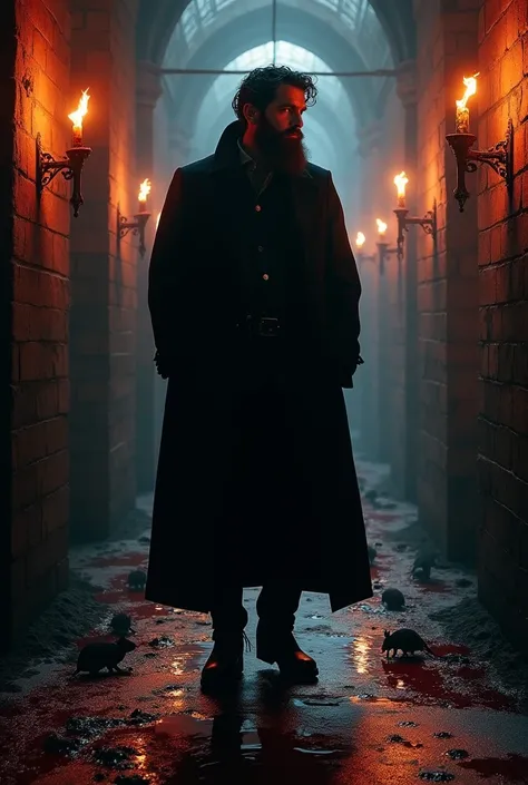 Create a shadow of a man , strong, full beard, with a black overcoat, far away, boots,  in a black brick place illuminated by torches on the walls. with cobwebs, rats and red puddles on the floor and walls . 