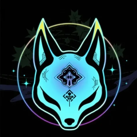 Traditional kitsune mask, neon colors, logo, mystical