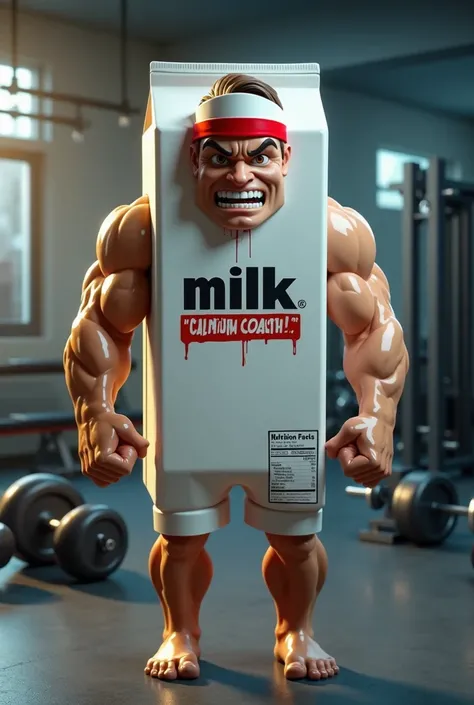 Milk Fitness Coach is a photorealistic humanoid milk carton character, designed to inspire strength and intensity. The milk carton body is glossy white with realistic details, such as a brand logo reading "Calcium Power!" and printed nutrition facts on the...