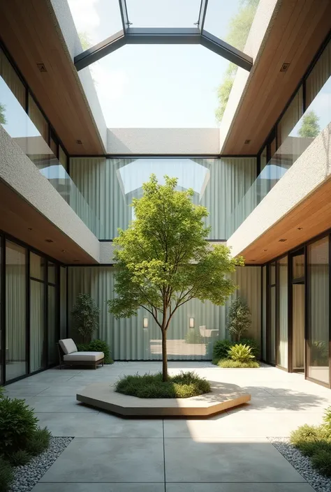 Create a picture of hexagonal glass skylight with short tree surrounded by hexagonal seating areas