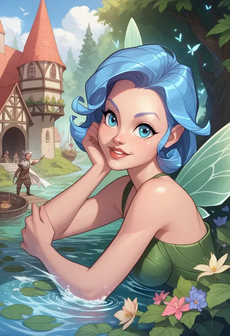 Anime style, Perfect, detailed, expressive, water fairy, Closeup, expressive, cute, water elemental, medieval fantasy, blue hair,