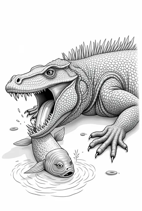 A coloring book page featuring a detailed and intricate outline of a komodo dragon eating a fish, while the fish is still alive and tweaking