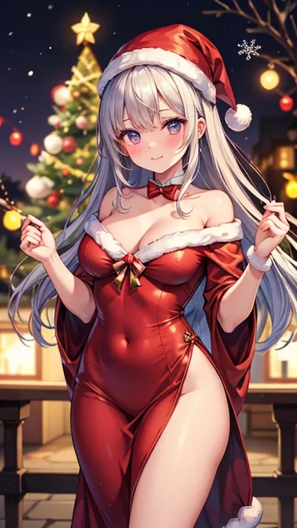 Santy girl, red dress, Christmas hat, holding glowing fairy lights wrapped around her hands. Her off-shoulder velvet dress accentuates her figure, and she gazes playfully at the camera. The background is filled with blurred holiday lights, creating a dream...