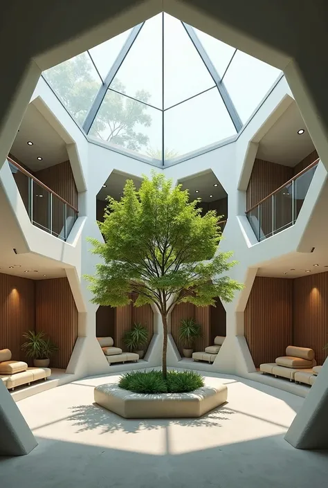 Create a picture of hexagonal glass skylight of 3 floors with short tree surrounded by hexagonal seating areas