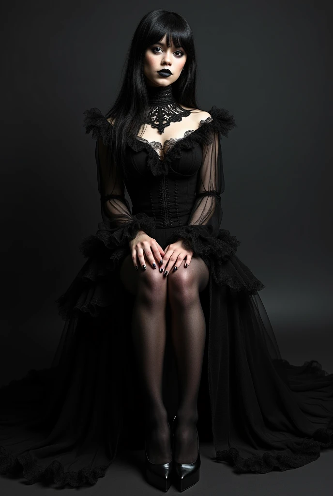 jenna_ortega, gothic girl,full-length, overdetailed, detailed to the smallest detail, black lips, black long hair, black stockings, black short dress, small breasts, sitting,High-heeled shoes