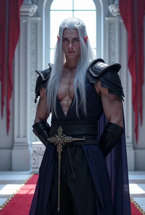  Creates a beautiful prince from hell ,  beautiful face,  long silvery-white hair falling on his chest like a waterfall ,  light blue eyes with shades of lilac .  That he wears a dark set of combat with shoulder pads of black leather and a dark semi-transp...