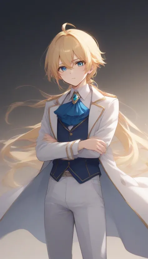 1boy, 17_years_old, teenager, 56, simple_background, hair_ornament, , blush, ahoge, hair_between_eyes, full_body, , standing, blonde_hair, 1boy, , blue_eyes, looking_at_viewer, male_focus, bangs, low_ponytail, ahoge,delicate prince, long, blue_coat with a ...