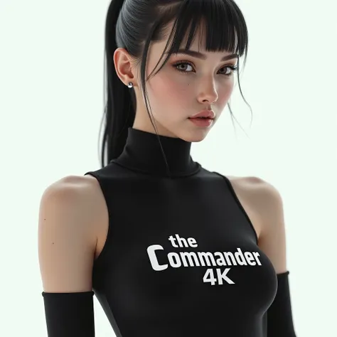 girl, 22 years old, Soviet hair elegant , very beautiful, light eyes,  written on the t-shirt :  The Commander 4k , very tight top.  very detailed image , super realistic, Maximum 4K resolution,  with white background.  in front of the camera ,   clothes t...