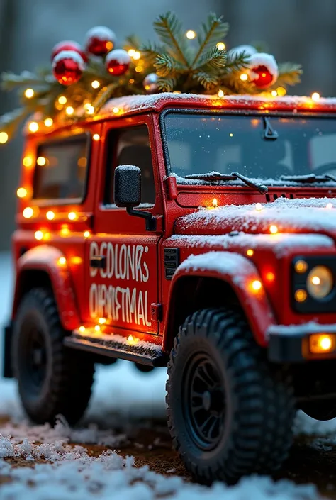 Close-up of an improved masterpiece of a 4x4 car in Christmas mode with a motivational message this Christmas 