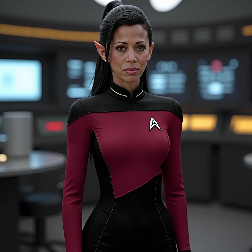 a female Vulcan in red captains starfleet unifrom with elf ears