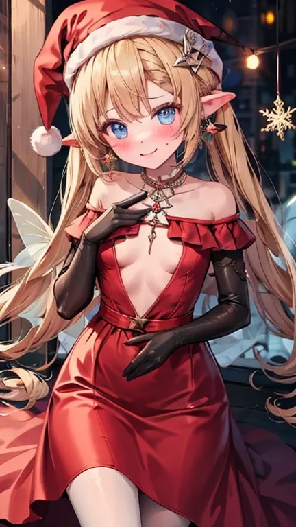 Santy girl, red dress, Christmas hat, holding glowing fairy lights wrapped around her hands. Her off-shoulder velvet dress accentuates her figure, and she gazes playfully at the camera. The background is filled with blurred holiday lights, creating a dream...