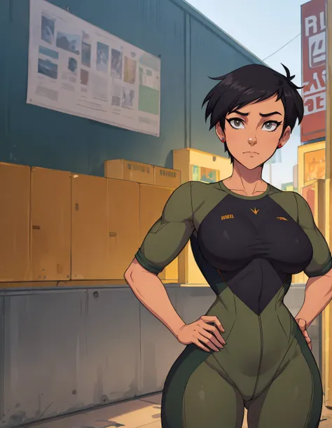 score_9, score_8_up, score_7_up, score_6_up, Lois Lane, wearing a olive green soldier bodysuit outfit, short breasts,one hand on hip, perfect anatomy very short black hair, grey eyes, looking at viewer