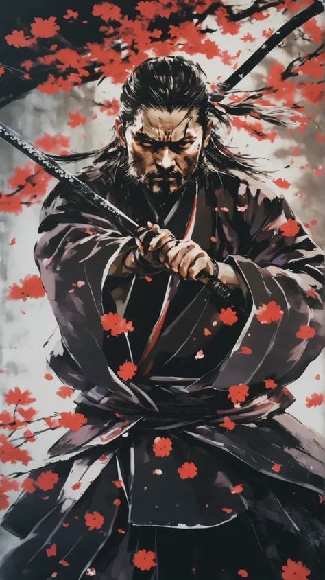 score_9, score_8_up, score_7_up, man with black jinbei, unsheathing a katana in front of his face, sakura petals flying around, serious face, Black eyes, Dark Background, Mystical Light Falls on samurai, intricate details, Epic picture, Epic scene, dramati...
