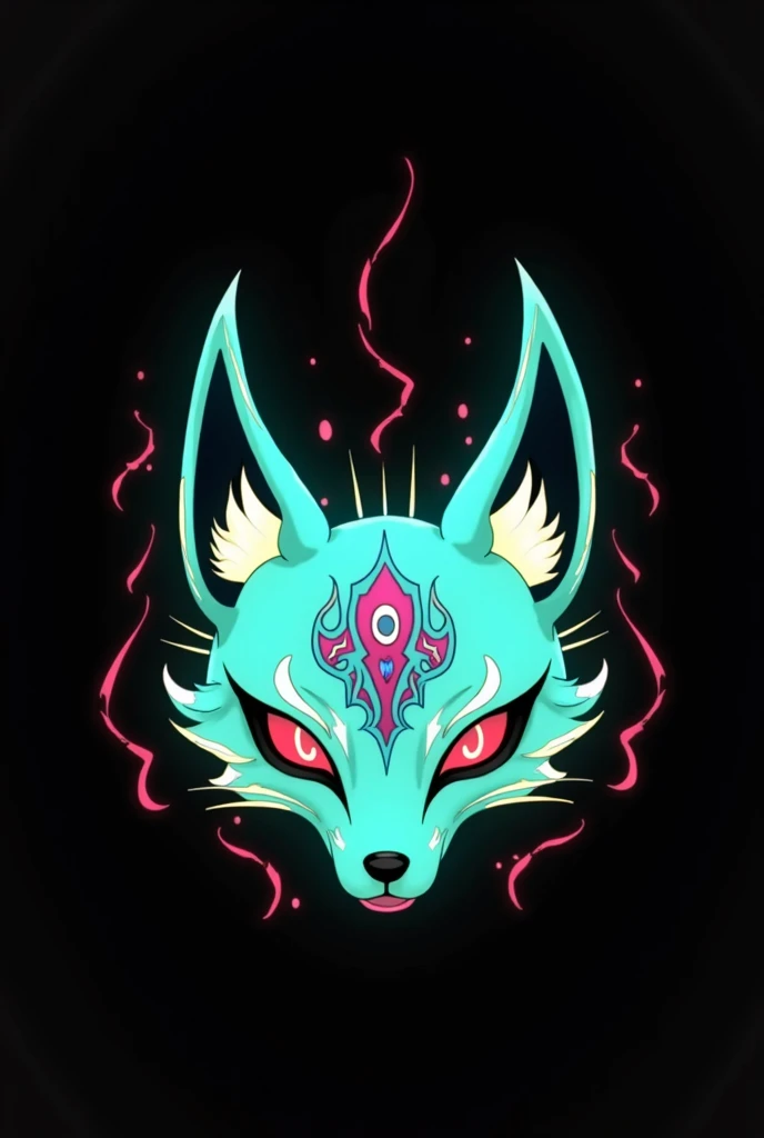 Traditional kitsune mask, neon colors, logo, mystical,