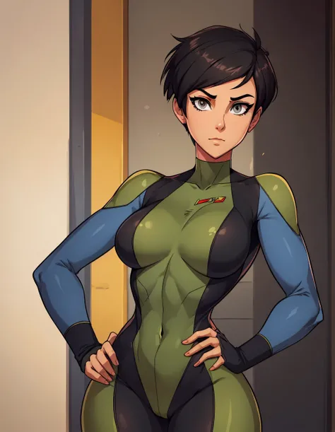 score_9, score_8_up, score_7_up, score_6_up, Lois Lane, wearing a olive green soldier bodysuit outfit, short breasts,one hand on hip, perfect anatomy very short black hair, grey eyes, looking at viewer