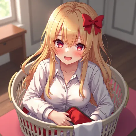  1girl,  blond long hair , god, high.
laundry , low-coating , laundry basket , a few underwears are in a laundry basket ,
 blond hair , 、BREAK,red blush, a gift, red bow,  long sleeves,  shirt ,  shirt  с воротником,  red pants tiny breasts ,
{{{ close-up ...