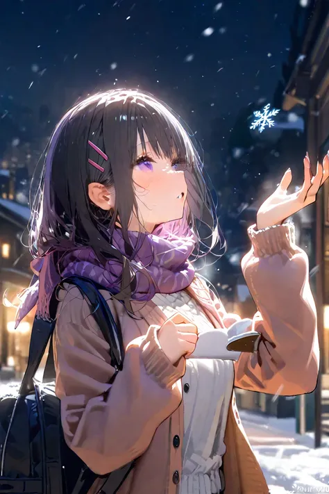 1girl, scarf, solo, bag, long_hair, black_hair, hair_ornament, snowing, long_sleeves, bangs, parted_lips, looking_up, hairclip, snowflakes, sweater, cardigan, skirt, blush, pink_scarf, open_clothes, outdoors, blurry, night, upper_body, shoulder_bag, purple...