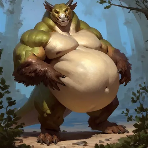 Detailed painting, by Taran Fiddler, closeup, outlook view, wide angle, feral, hybrid rhino dragon, standing on four limbs, full body, friendly, fat, round belly, dominant belly, huge belly, bloated belly, big muscles, wide body, thick body muscles, full b...