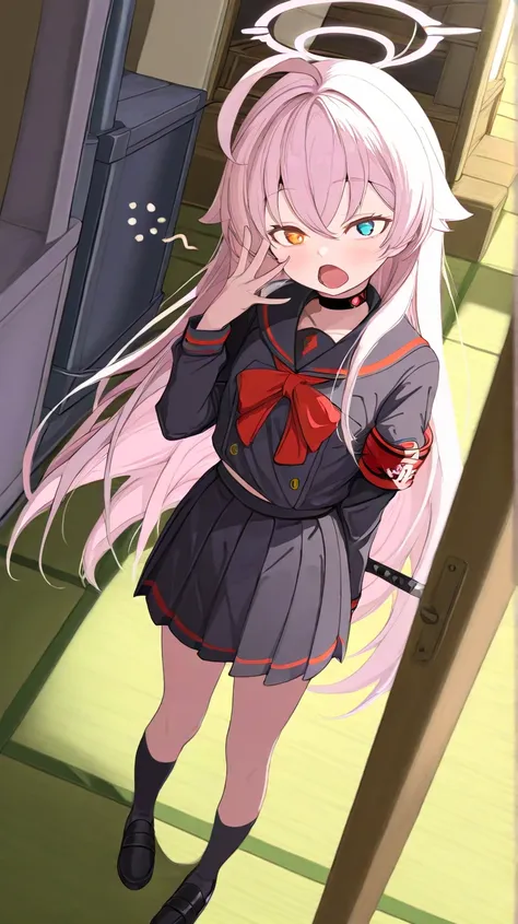 (high quality, ultra-detailed), Blue Archive, Hoshino Takanashi, yawning, straight pink hair,  thigh-length silver hair with bangs that frame her face, heterochromia of blue (right) and orange (left) eyes, Justice Realization Committee uniform - A black sa...