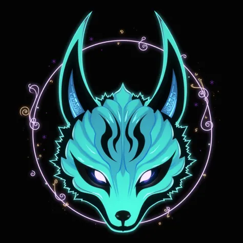 Traditional kitsune mask, neon colors, logo, mystical,