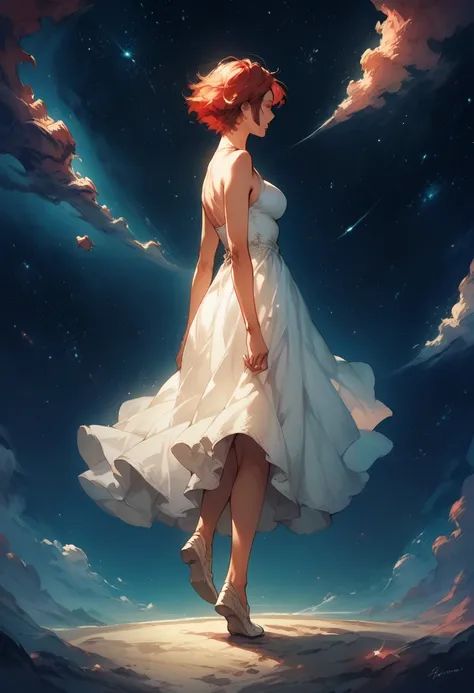 
galaxy, far away shot, floating in space, full body, wide shot, scenery focus, stars, in space, white dress, red short hair