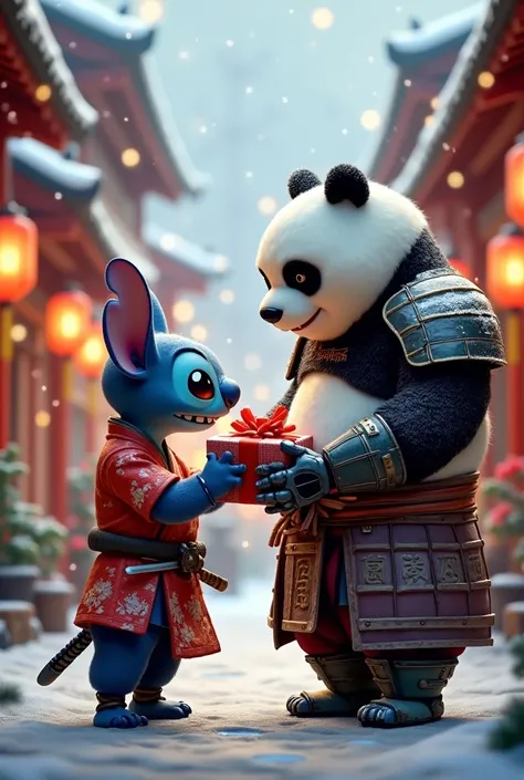 Disney Stitch in samurai suit offering a gift to mecha samurai Kung fu Panda in japanese christmas street