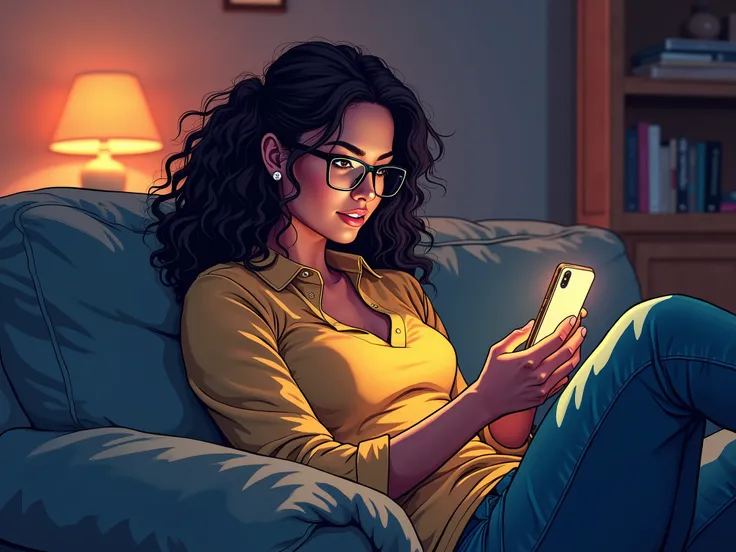 comic book art woman at home on the couch with a glowing smartphone with Instagram notifications