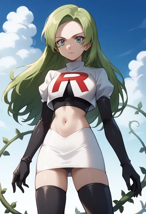 score_9,score_8_up,score_7_up,score_6_up, source_anime, zPDXL3, woman, long hair, green hair, blue eyes, facial markings, vines, team rocket,team rocket uniform,white skirt,red letter R,crop top,black thigh-highs,black elbow gloves, cowboy shot