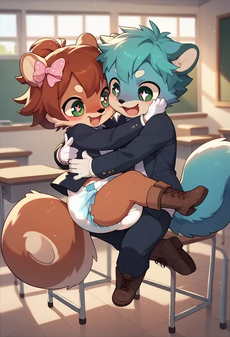 boy and girl, squirrel, furry, bodyfur, hair, tail, blazer, shirts, bottomless, hair bow, white gloves, boots, chibi, sparkling eyes, happy, full body, blush, classroom, diaper, hug