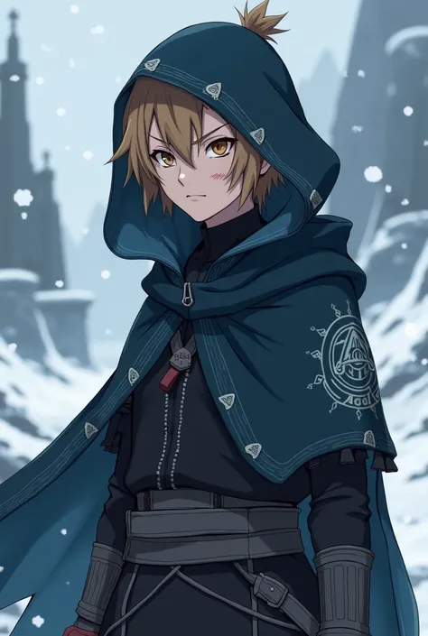  Creates an image of a  ninja from the Hidden Snow Village .  He has short light brown hair ,  shaved on the sides with a small crest and eyes of eyes color yellowish brown .  She wears a dark hooded cape with subtle silver runes embroidered on the borders...