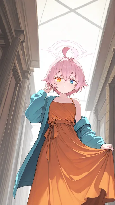 (high quality, ultra-detailed), Blue Archive, Hoshino Takanashi, looking at viewer, pink hair, heterochromia of blue (right) and orange (left) eyes, dhoti dress