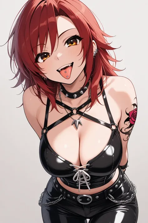 (,best quality,extremely fine,extremely beautiful),1girl,rocker,punk rocker,glam rocker,rockabilly,grunge,tattoo,tatoo design is snake and wing and wild rose,put out ones tongue,tongue piercing,leather trousers,suzumiya haruhi,smile,arms behind back