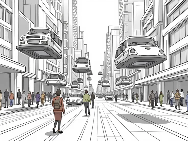 Closer shot ,  showing busy streets ,  floating cars cross the sky , While pedestrians wearing exhausting clothes walk, do it only with lines without shadows or light in the anime style