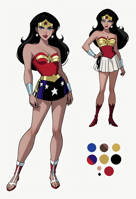 ((full body shot, standing, feet on the ground))Wonder Woman DCAU, ((character design sheet)), masterpiece, best quality, highly detailed, score_9, score_8_up, score_7_up, score_6_up, anime source,BREAK, 2girl, long hair, blue eyes, flower, hair bow, small...