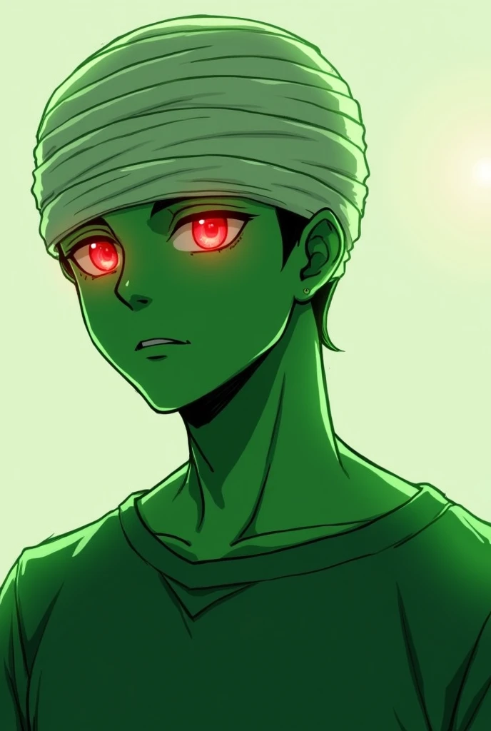 a drawing of a man with a bandaged head and a green shirt, an anime drawing inspired by Ei-Q, deviantart contest winner, digital art, green body. red eyes, with glowing red eyes, his eyes are red and glowing, green colored skin!!, drawn in microsoft paint,...