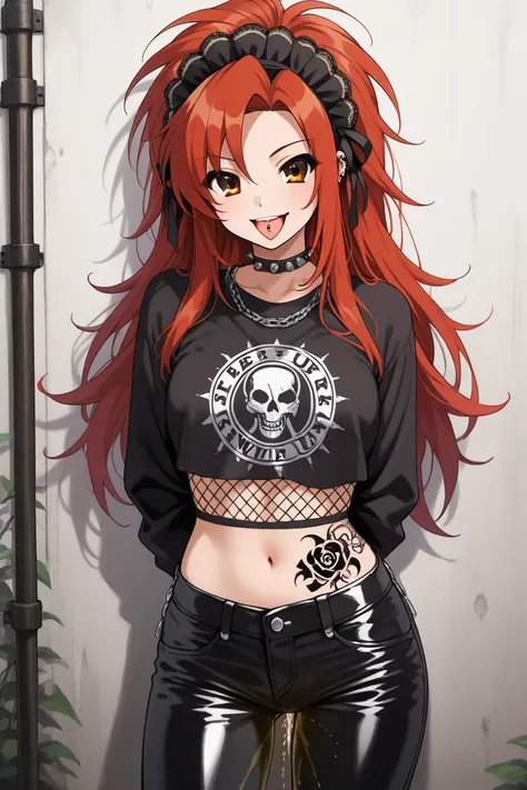 (,best quality,extremely fine,extremely beautiful),1girl,rocker,punk rocker,glam rocker,rockabilly,grunge,tattoo,tatoo design is snake and wing and wild rose,put out ones tongue,tongue piercing,leather trousers,suzumiya haruhi,smile,arms behind back,peeing...