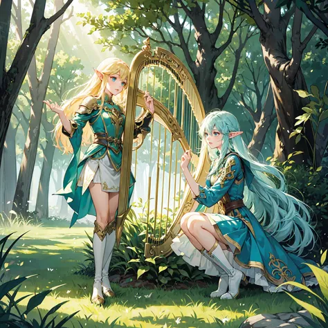 *"A full-body anime-style illustration of an elf woman ((solo)) standing and ((playing a small harp)). She has a delicate, elegant appearance with long, flowing hair and pointed ears, characteristic of elves. She is dressed in travel attire, including a sh...