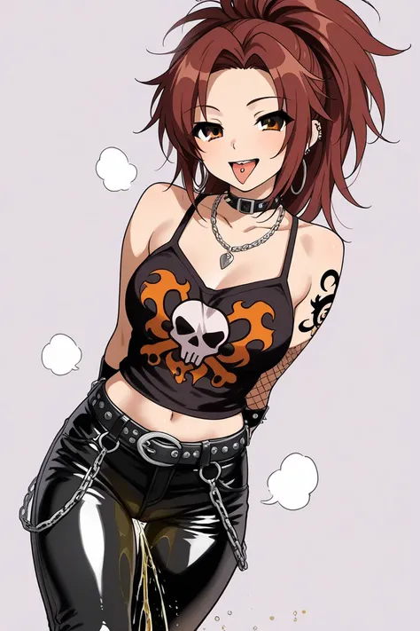 (,best quality,extremely fine,extremely beautiful),1girl,rocker,punk rocker,glam rocker,rockabilly,grunge,tattoo,tatoo design is snake and wing and wild rose,put out ones tongue,tongue piercing,leather trousers,suzumiya haruhi,smile,arms behind back,peeing...