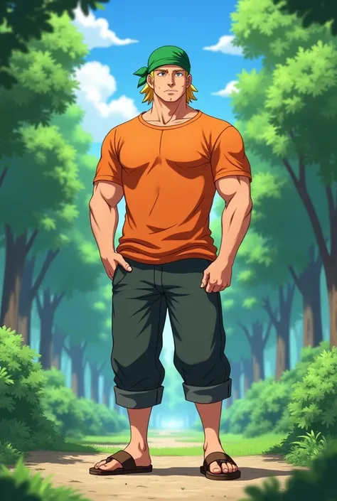 Adult Man, round face, with short thin yellow haircut, less chubby, muscular, in Anime, wearing his green bandana-like-beanie on his head, wearing his orange short kurta, dark gray pants, brown sandals, standing at the park, viewing from the bottom