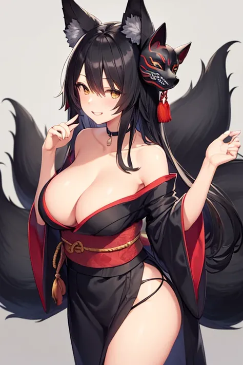 (( top quality )), ((masterpiece)), (  Details),  One girl ,  black hair,  long hair, Sharp Eye, Hanging eyes,  dark eyes,  red eyeliner, Black fox ears, Black yukata, Nine fox tails , I have a fox mask on my head, Bare shoulders,  Friendly Smiles , Older ...