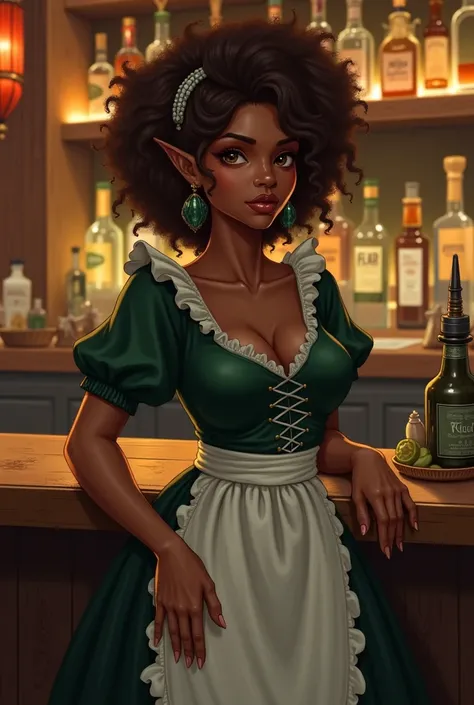 dark skinned wood elf bartender, brown hair in an tied Afro, triple d breasts, dark green maiden dress with a white apron