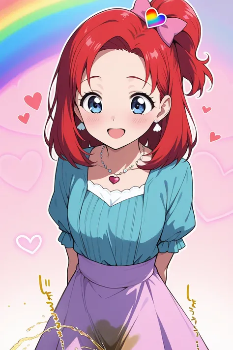 Redhead, blue eyes, medium hair, necklace, magical girl, rainbow, hearts, happy,arms behind back,peeing,